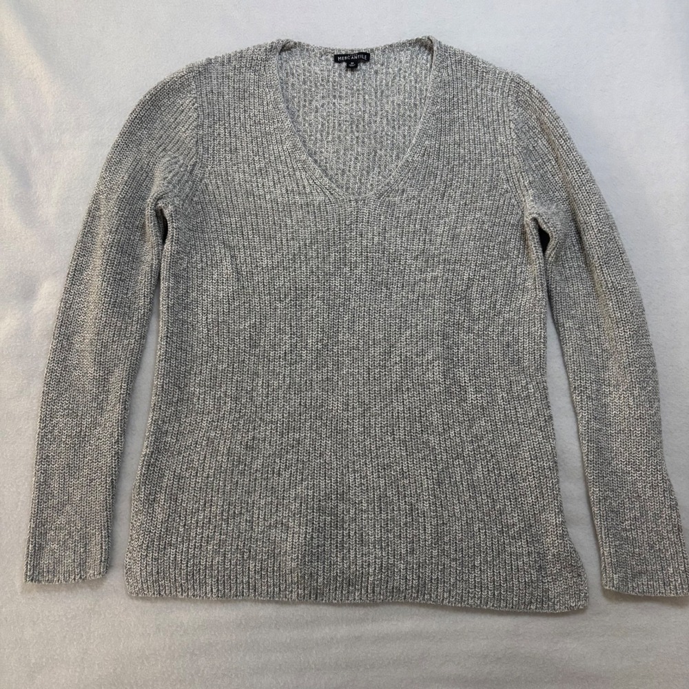 J.Crew Mercantile Womens Gray Marl Cotton Ribbed V-Neck Sweater Size M